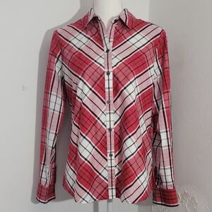Foxcroft Women's Wrinkle Free Red, White, Black, Green Plaid Button Down Shirt